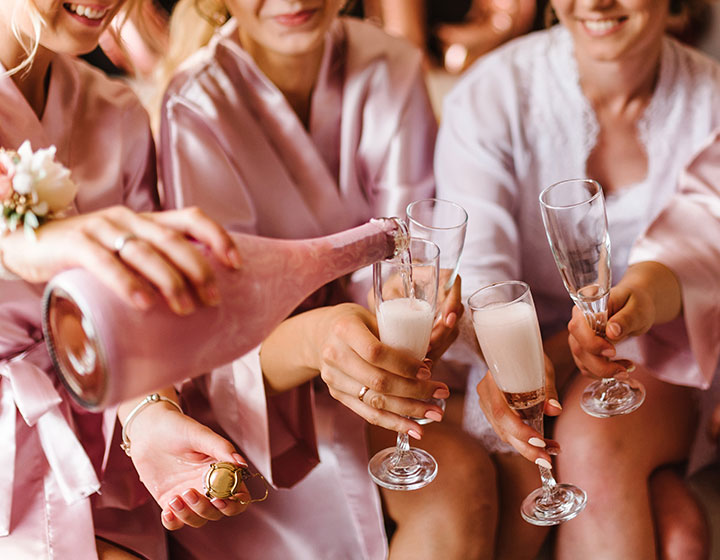 Bride and bridal party doing a cheers