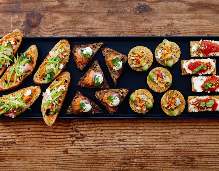 overhead shot of appetizers on a table